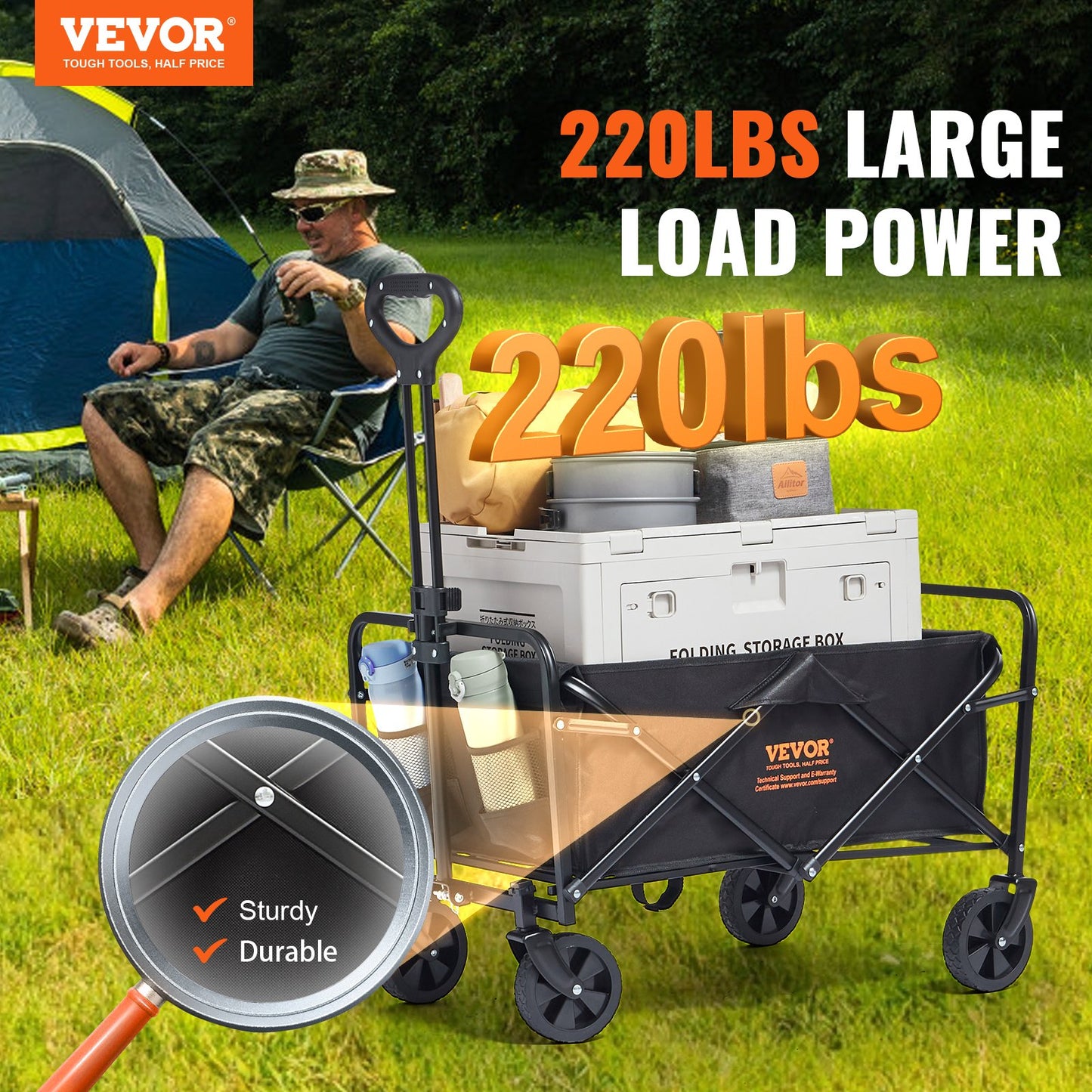 Collapsible Folding Wagon, 0.057 M Beach Wagon Cart With All-Terrain 12.7 Cm Wheels, Heavy Duty Folding Wagon Cart 99.8 Kg Weight Capacity With Drink Holders, Sports Wagon For Camping, Shopping