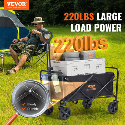 Collapsible Folding Wagon, 0.057 M Beach Wagon Cart With All-Terrain 12.7 Cm Wheels, Heavy Duty Folding Wagon Cart 99.8 Kg Weight Capacity With Drink Holders, Sports Wagon For Camping, Shopping