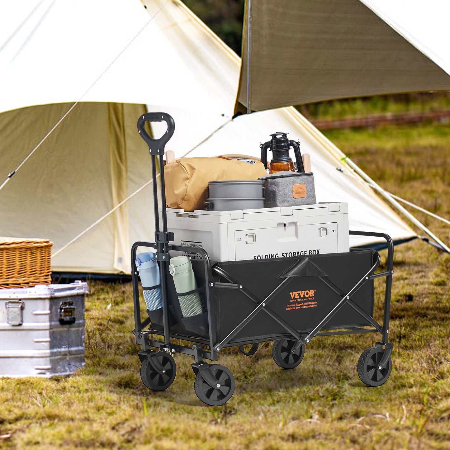 Collapsible Folding Wagon, 0.057 M Beach Wagon Cart With All-Terrain 12.7 Cm Wheels, Heavy Duty Folding Wagon Cart 99.8 Kg Weight Capacity With Drink Holders, Sports Wagon For Camping, Shopping