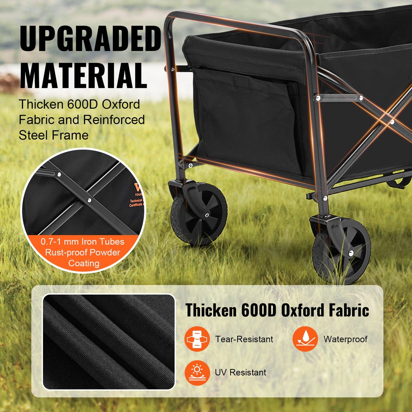 Collapsible Folding Wagon, 0.057 M Beach Wagon Cart With All-Terrain 12.7 Cm Wheels, Heavy Duty Folding Wagon Cart 99.8 Kg Weight Capacity With Drink Holders, Sports Wagon For Camping, Shopping