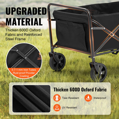 Collapsible Folding Wagon, 0.057 M Beach Wagon Cart With All-Terrain 12.7 Cm Wheels, Heavy Duty Folding Wagon Cart 99.8 Kg Weight Capacity With Drink Holders, Sports Wagon For Camping, Shopping