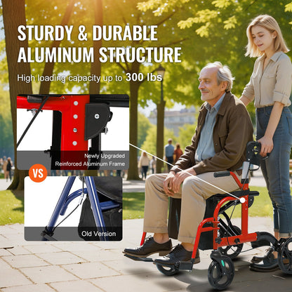 2 In 1 Rollator Walker & Transport Chair For Seniors, Folding Rolling Walker Wheelchair Combo & Footrests, Lightweight Aluminum Mobility Walker With Adjustable Handle, All Terrain Wheels, 136 Kg