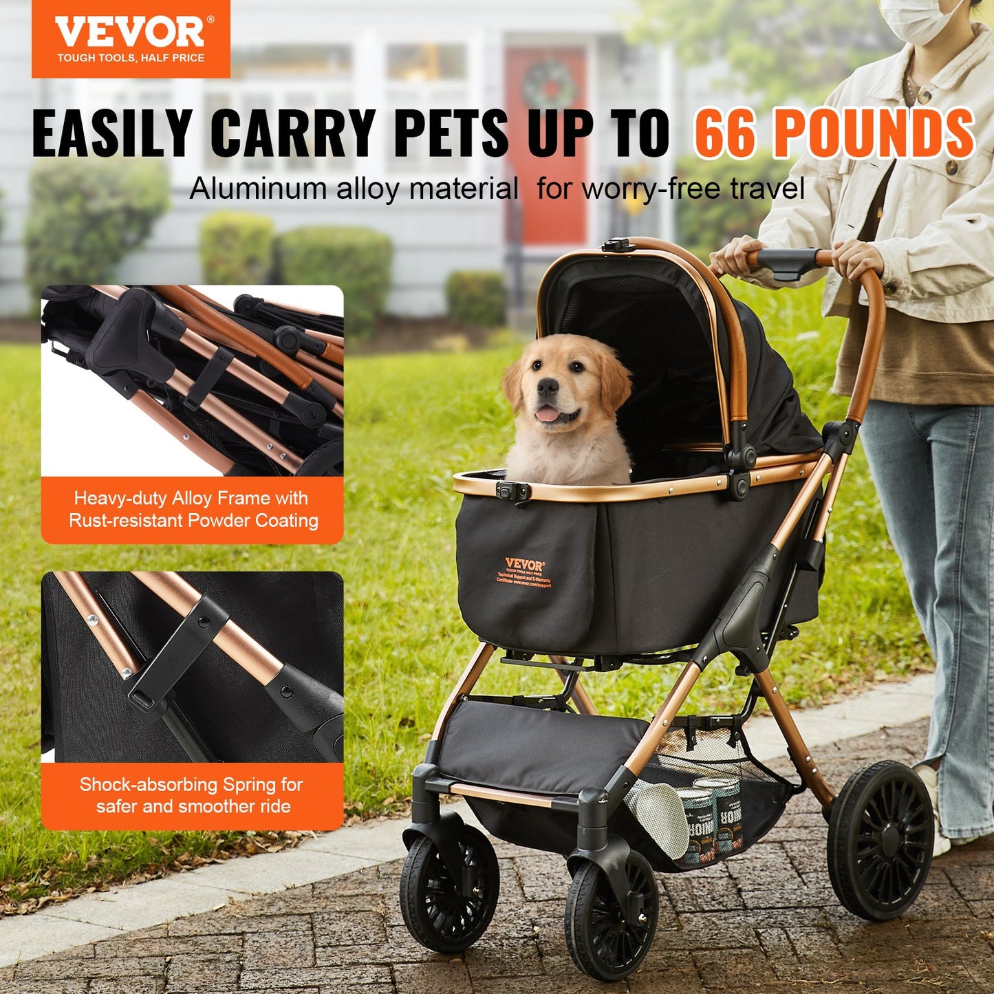 Pet Stroller, 4 Wheels Dog Stroller Rotate With Brakes, 29.9 Kg Weight Capacity, Puppy Stroller With Detachable Carrier, Storage Basket And Pet Pad, For Small To Medium Sized Dogs, Black