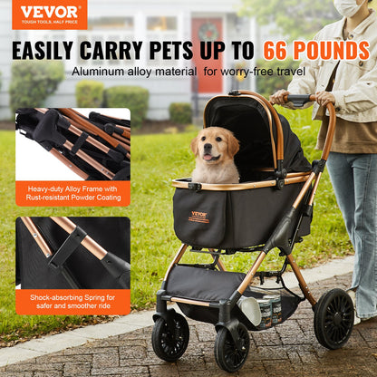 Pet Stroller, 4 Wheels Dog Stroller Rotate With Brakes, 29.9 Kg Weight Capacity, Puppy Stroller With Detachable Carrier, Storage Basket And Pet Pad, For Small To Medium Sized Dogs, Black