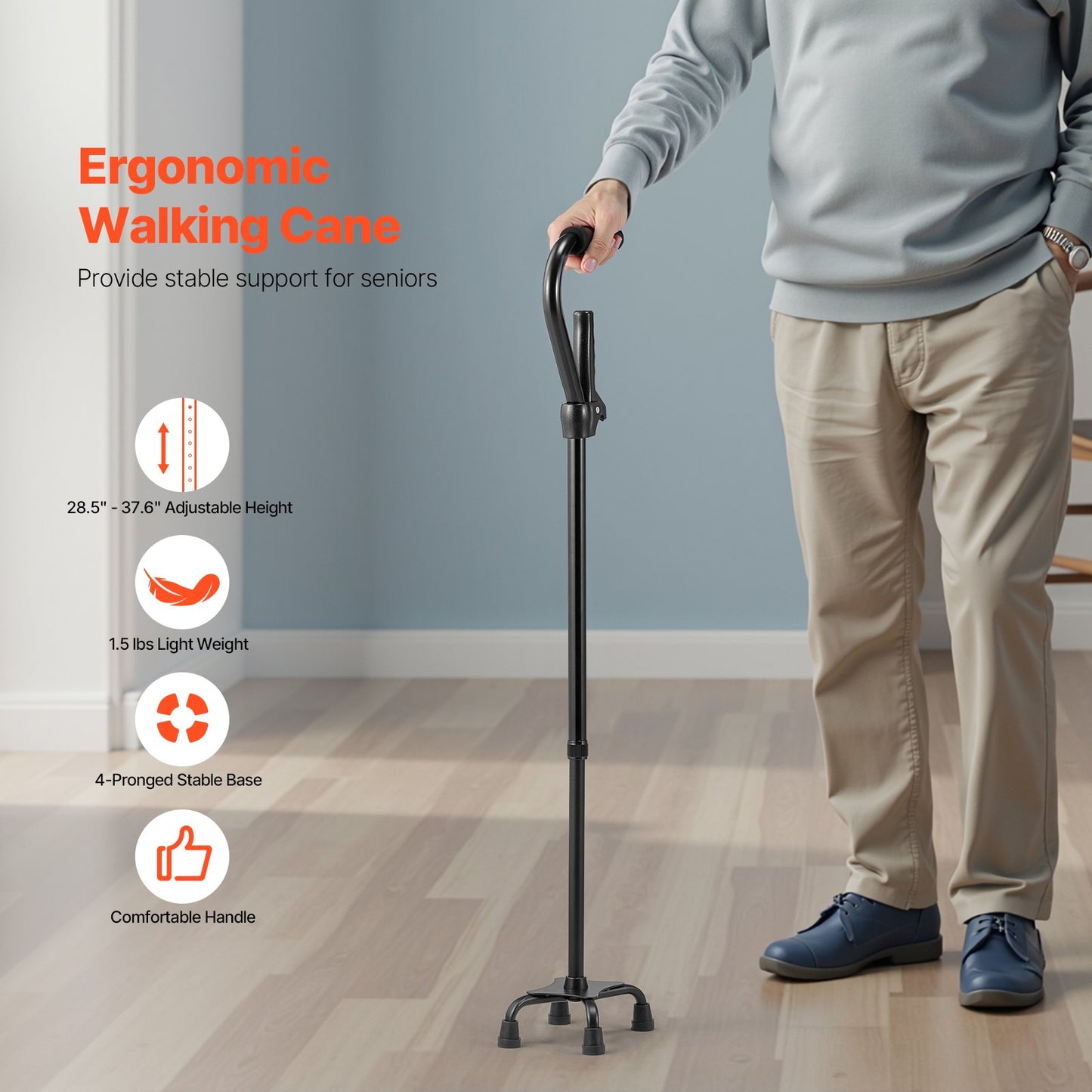 Quad Walking Cane, 10-Level Height Adjustable Walking Stick With 4-Pronged Stable Base, Lightweight & Portable Aluminum Mobility Walking Aid For Seniors Adults Man Woman, 250LBS Loading Capacity