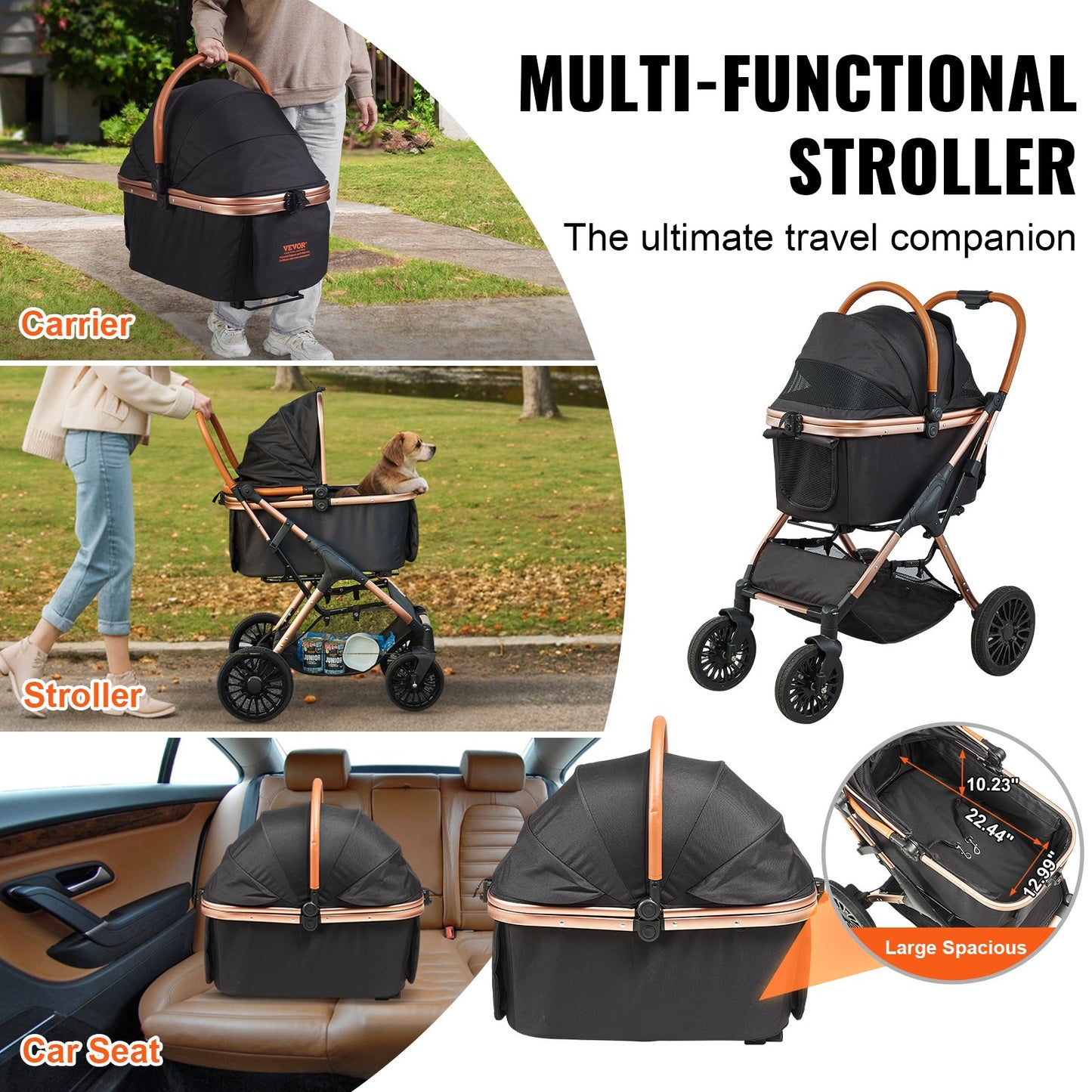 Pet Stroller, 4 Wheels Dog Stroller Rotate With Brakes, 29.9 Kg Weight Capacity, Puppy Stroller With Detachable Carrier, Storage Basket And Pet Pad, For Small To Medium Sized Dogs, Black