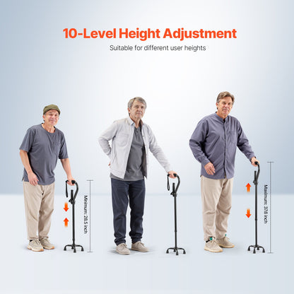 Quad Walking Cane, 10-Level Height Adjustable Walking Stick With 4-Pronged Stable Base, Lightweight & Portable Aluminum Mobility Walking Aid For Seniors Adults Man Woman, 250LBS Loading Capacity
