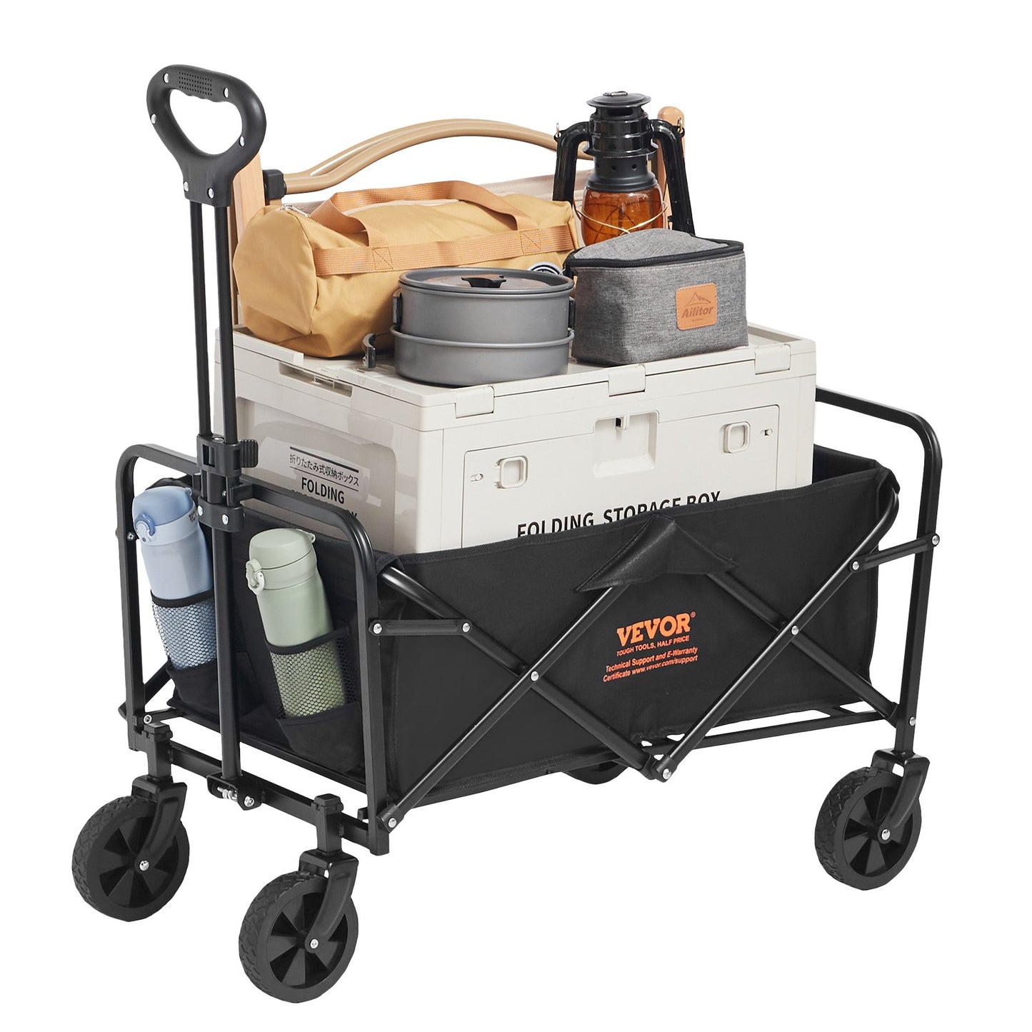 Collapsible Folding Wagon, 0.057 M Beach Wagon Cart With All-Terrain 12.7 Cm Wheels, Heavy Duty Folding Wagon Cart 99.8 Kg Weight Capacity With Drink Holders, Sports Wagon For Camping, Shopping