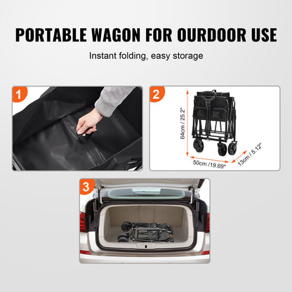 Collapsible Folding Wagon, 0.057 M Beach Wagon Cart With All-Terrain 12.7 Cm Wheels, Heavy Duty Folding Wagon Cart 99.8 Kg Weight Capacity With Drink Holders, Sports Wagon For Camping, Shopping