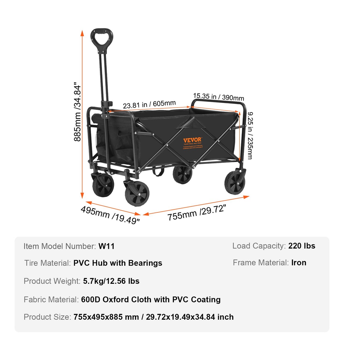 Collapsible Folding Wagon, 0.057 M Beach Wagon Cart With All-Terrain 12.7 Cm Wheels, Heavy Duty Folding Wagon Cart 99.8 Kg Weight Capacity With Drink Holders, Sports Wagon For Camping, Shopping